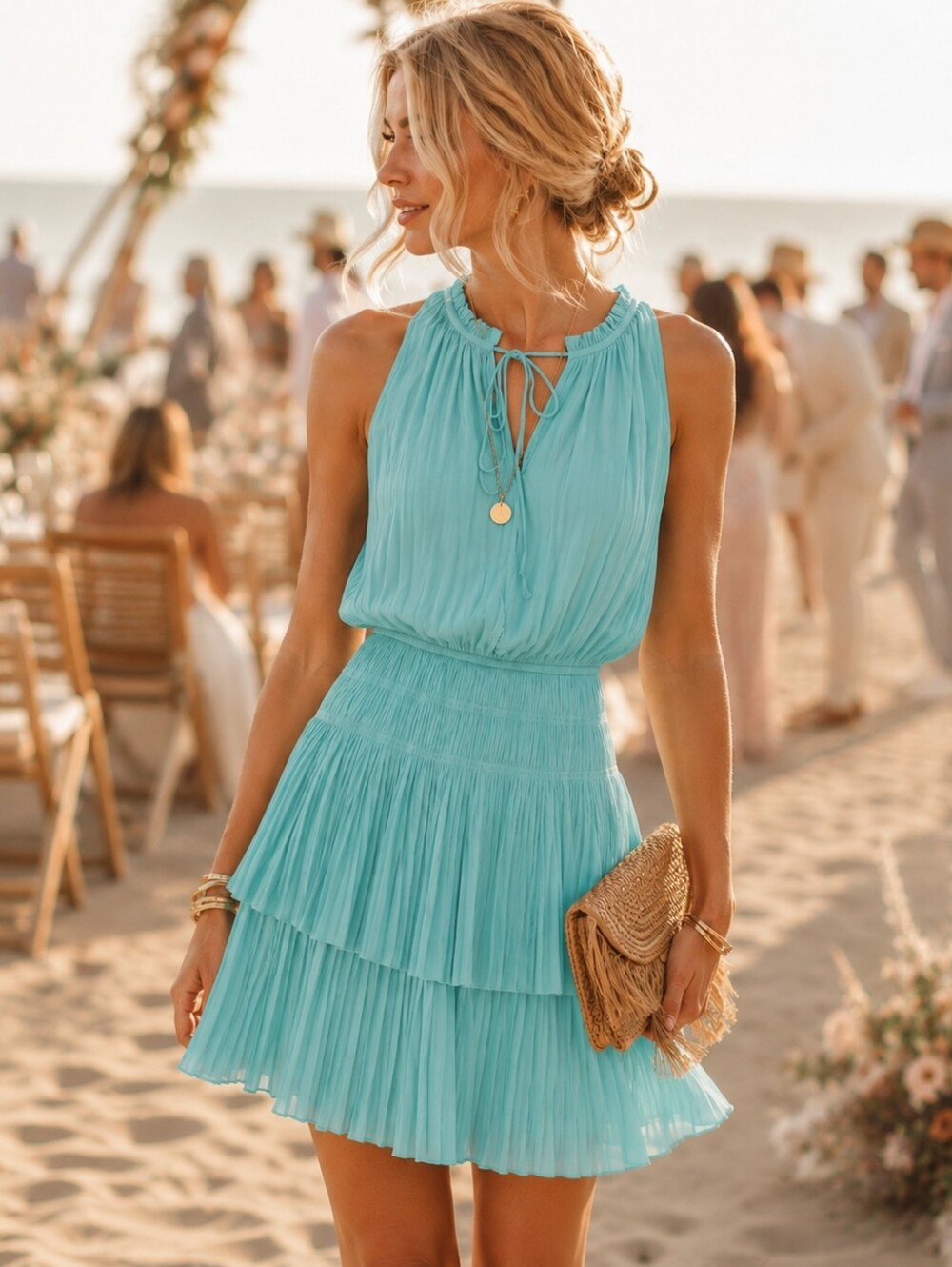 Current Air Teal Sleeveless Pleated Tiered Mini Dress Turquoise Size M